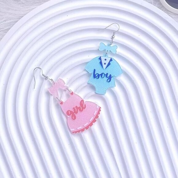 Gender Reveal Earrings Asymmetrical Blue Pink Dress Earrings - Picture 5 of 6